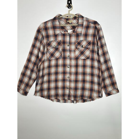 NWT Democracy Womens Plaid Flannel Shirt XL Grunge Fringe Hem Pockets 90s Casual - Picture 1 of 13